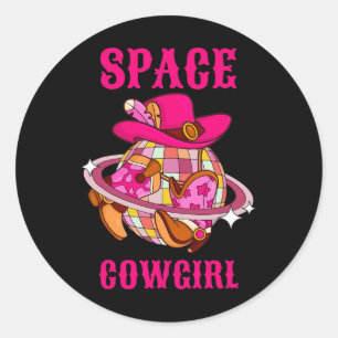 Disco Ball Space Cowgirl Western Retro Pink Cowhid Classic Round Sticker