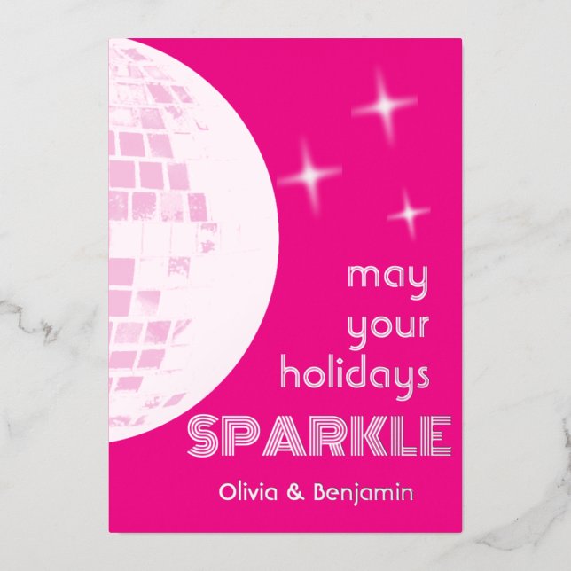Disco Ball Sparkle Foil Holiday Card Hot Pink (Front)