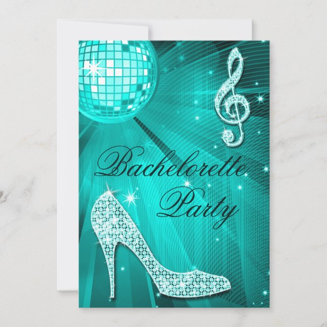 Disco Ball Sparkle Heels Teal Bachelorette Party Invitation (Front)