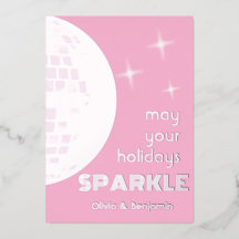 Disco Ball Sparkle Silver Foil Holiday Card Pink