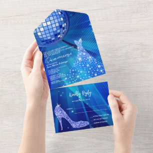 Disco Ball, Stiletto & Ball Gown Blue Quinceañera All In One Invitation