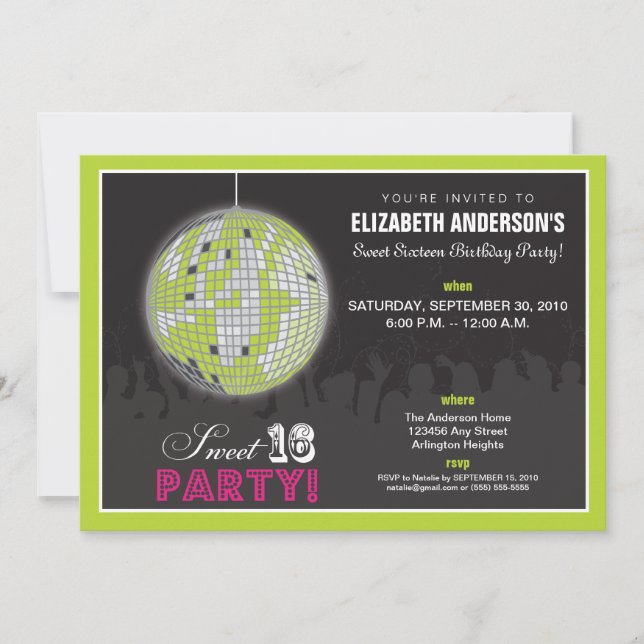 Disco Ball Sweet 16 Birthday Party Invite (lime) (Front)