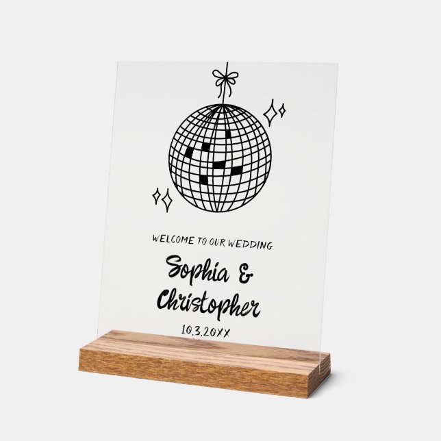 Disco Ball Welcome to Our Wedding Acrylic Sign (Angle)
