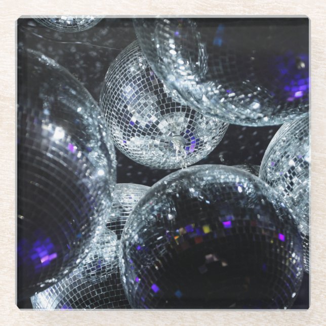 Disco Balls: Dark Party Atmosphere Glass Coaster (Front)