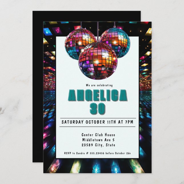 Disco Birthday Teal  Black Invitation (Front/Back)