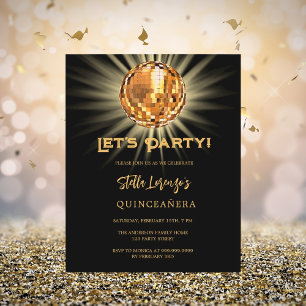 Disco black gold Quinceanera budget invitation