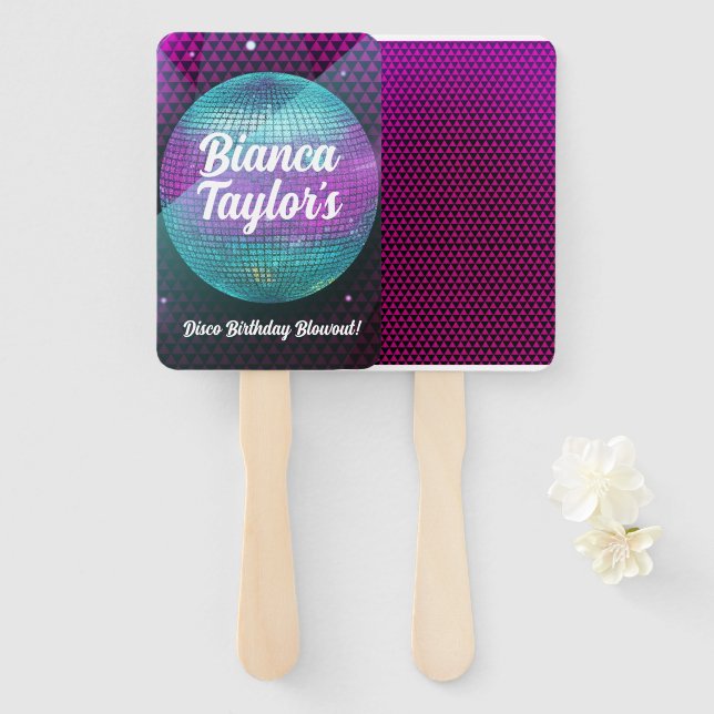 Disco Blowout Purple and Pink Birthday Party Hand Fan (Front and Back)