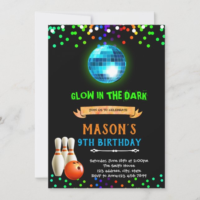Disco bowling birthday invitation (Front)
