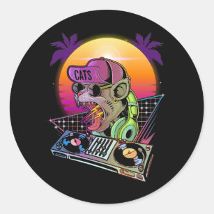 Disco Cat DJ Vaporwave 80s 90s Techno Music Lover Classic Round Sticker