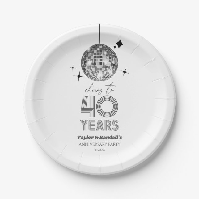 Disco Cheers 40 Years Wedding Anniversary Party Paper Plate (Front)