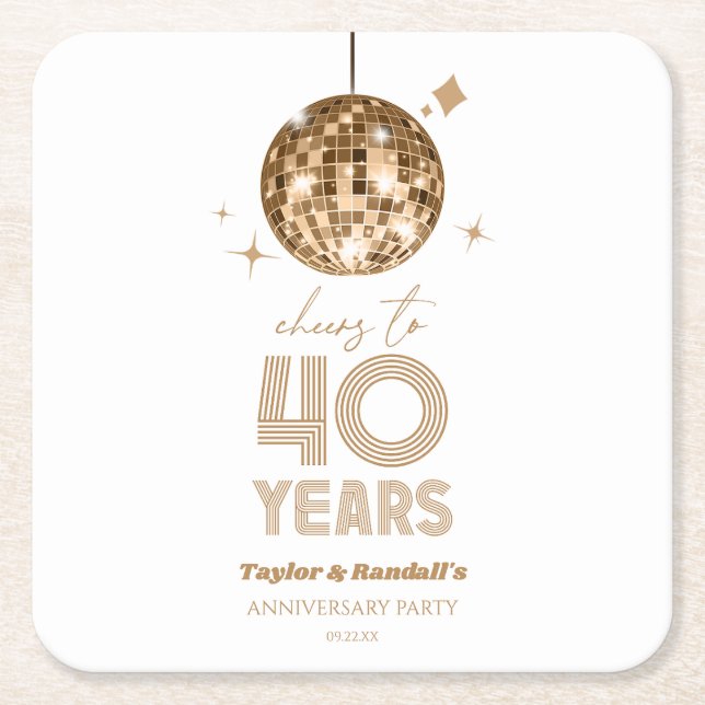 Disco Cheers 40 Years Wedding Anniversary Party Square Paper Coaster (Front)