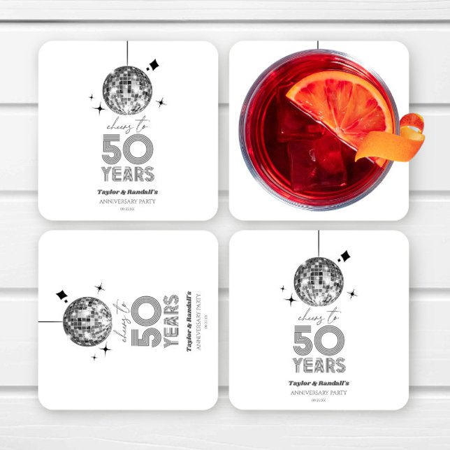 Disco Cheers 50 Years Wedding Anniversary Party Square Paper Coaster (Creator Uploaded)