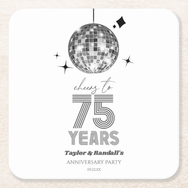 Disco Cheers 75 Years Wedding Anniversary Party Square Paper Coaster (Front)