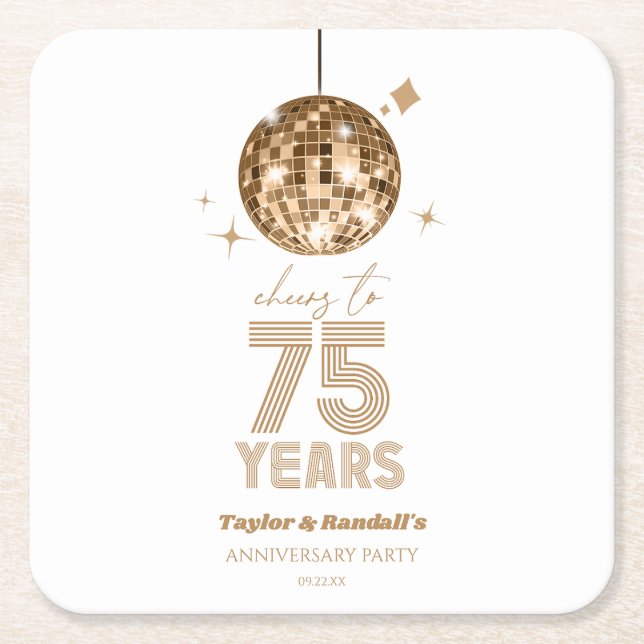 Disco Cheers 75 Years Wedding Anniversary Party Square Paper Coaster (Front)