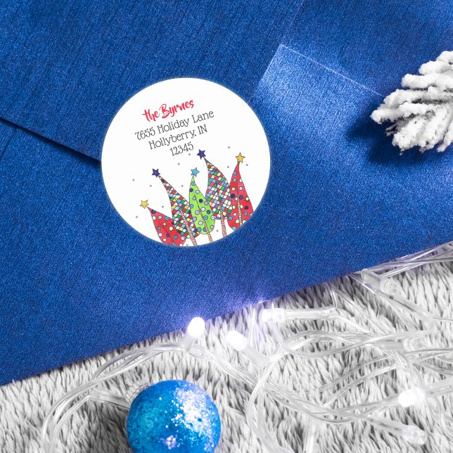 Disco Christmas Trees Return Address Classic Round Sticker (Creator Uploaded)