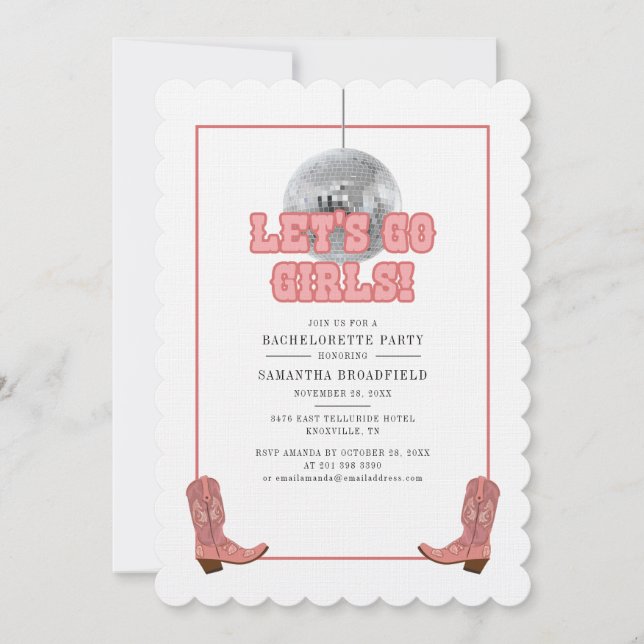 Disco Cowgirl Bachelorette Lets Go Girls Invitation (Front)