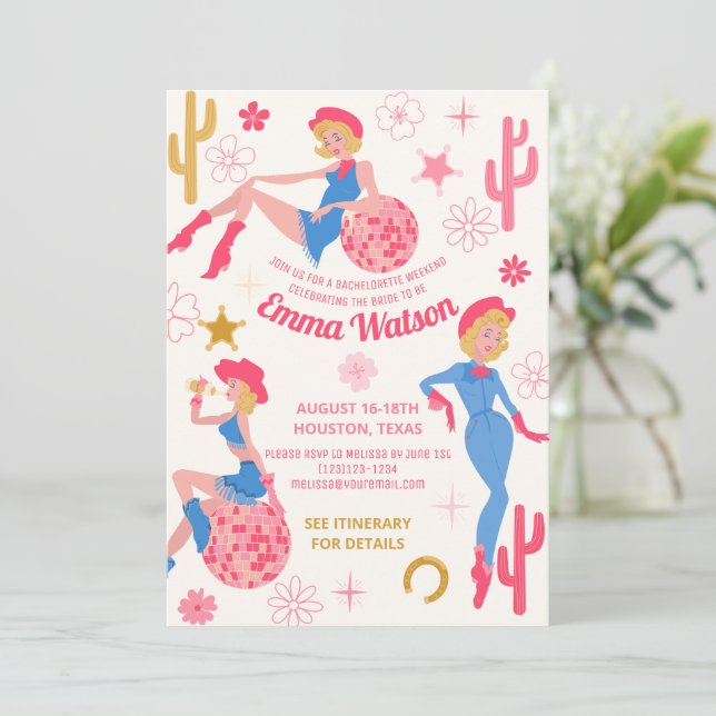 Disco Cowgirl Bachelorette Party Invitation (Standing Front)