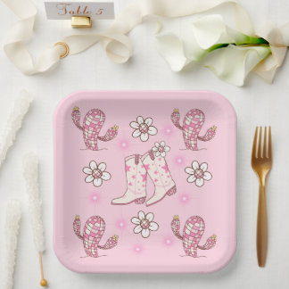 Disco Cowgirl Boot Cactus and Flowers Paper Plate