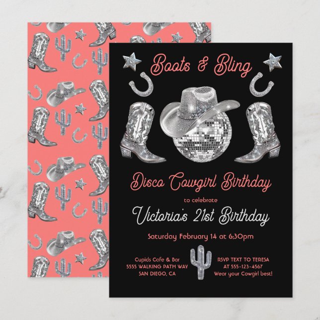 Disco Cowgirl Boots & Bling Rhinestone Birthday Invitation (Front/Back)