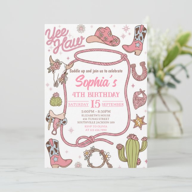 Disco Cowgirl Nashville Pink Rodeo Birthday Party Invitation (Standing Front)