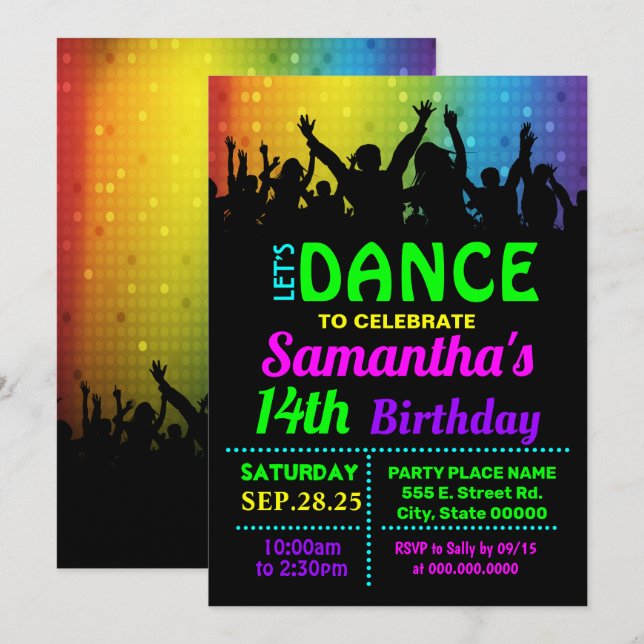 Disco dance birthday party bash invitation (Front/Back)