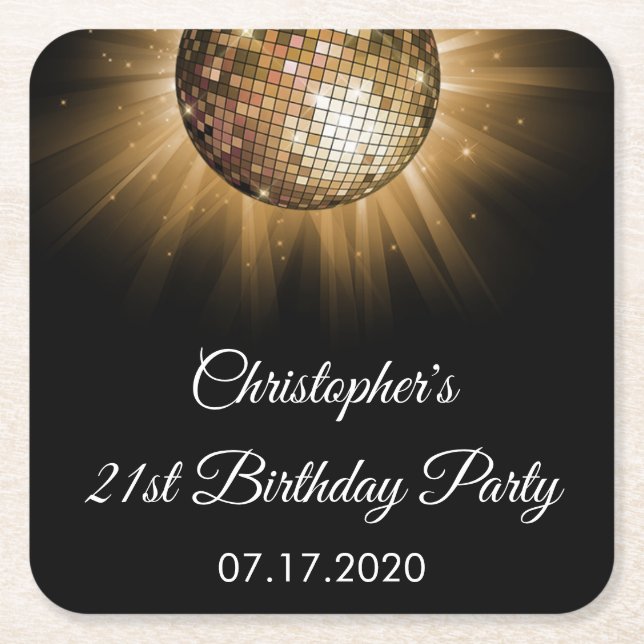 Disco Dance Birthday Party Gold Sparkle Square Paper Coaster (Front)