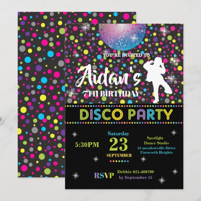 Disco Dance Birthday Party Invitation Boy (Front/Back)