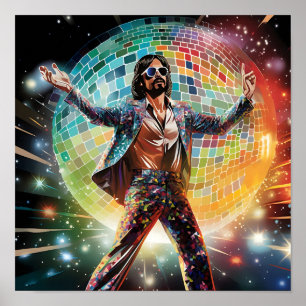 Disco Dancing Man in front of Disco Ball Poster