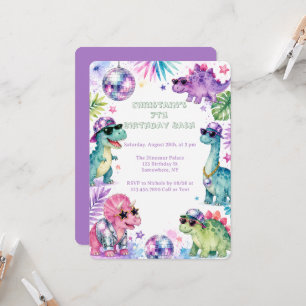 Disco Dinosaur Watercolor Birthday Bash Age Invitation