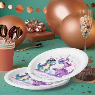 Disco Dinosaur Watercolor Birthday Bash Paper Plate