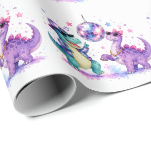 Disco Dinosaur Watercolor Birthday Bash Wrapping Paper
