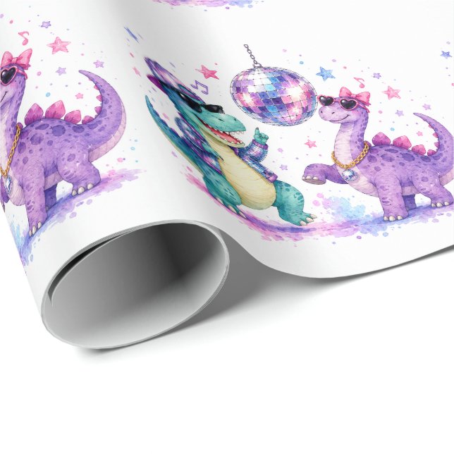 Disco Dinosaur Watercolor Birthday Bash Wrapping Paper (Roll Corner)