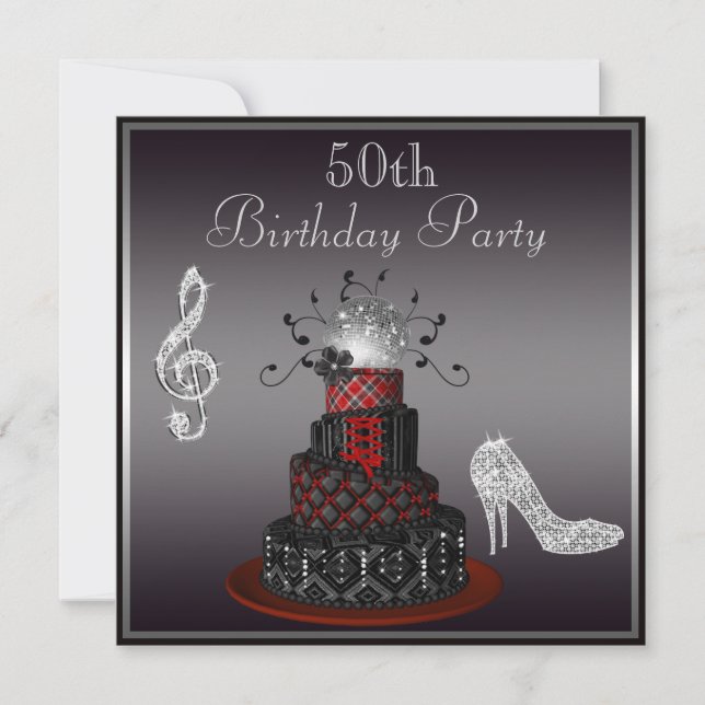 Disco Diva Cake, Silver Heels 50th Birthday Invitation (Front)