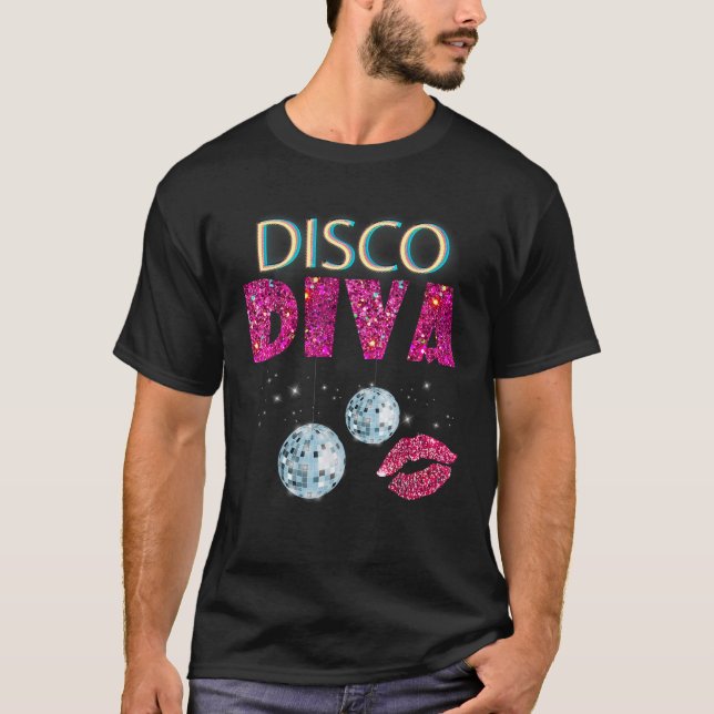 Disco Diva Ladies Disco Gold Ball Silver Red Lips  T-Shirt (Front)