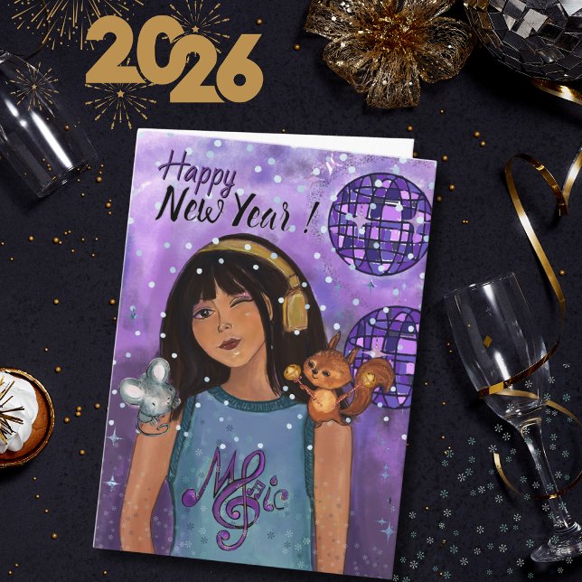 Disco Diva Whimsical Music Girls Happy New Year  Holiday Card (Disco Diva Whimsical Music Girls Happy New Year Holiday Card)