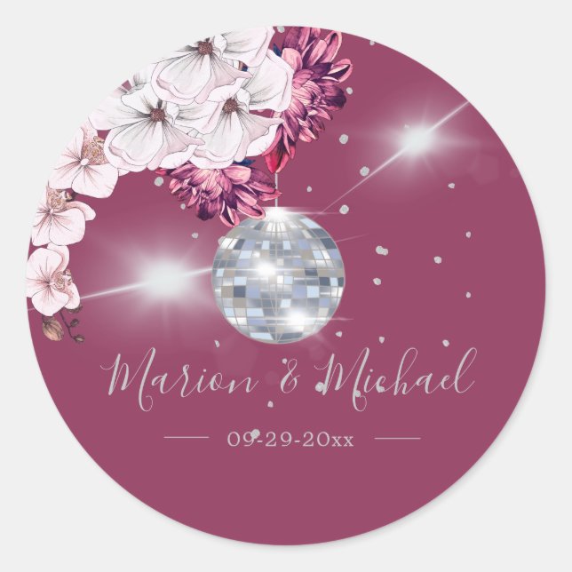 Disco Elegant Floral  Wedding  Classic  Classic Round Sticker (Front)