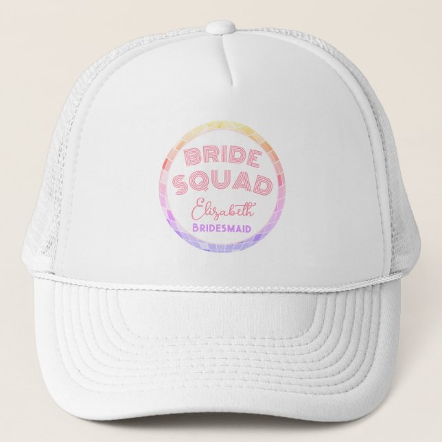 Disco Fever Bachelorette Bride Squad Bridesmaid Trucker Hat (Front)