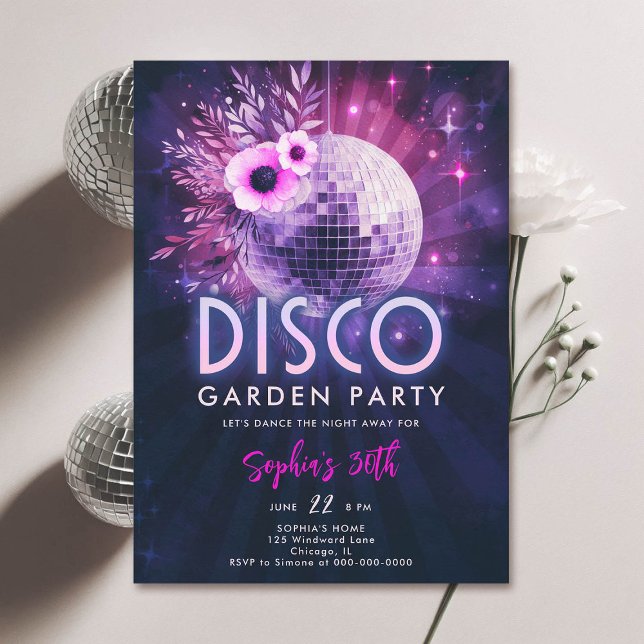 Disco Garden Party Hot Pink Purple 30th Birthday Invitation (disco garden party 30th birthday invitation groovy 70s floral disco ball hot pink purple classy)
