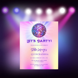 Disco holographic Quinceanera budget invitation