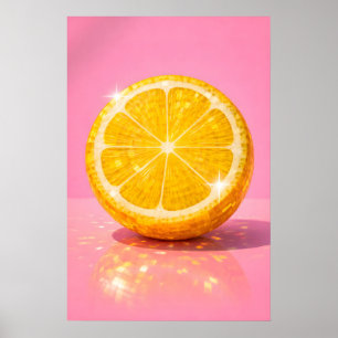 Disco Lemon Poster, Pink Y2K Mirror Ball Fruit Poster