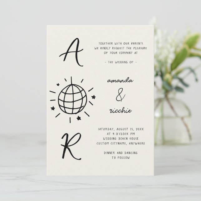 Disco Monogram French Fun Retro Hand drawn Wedding Invitation (Standing Front)