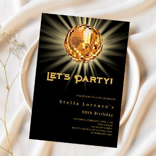 Disco party black gold birthday invitation