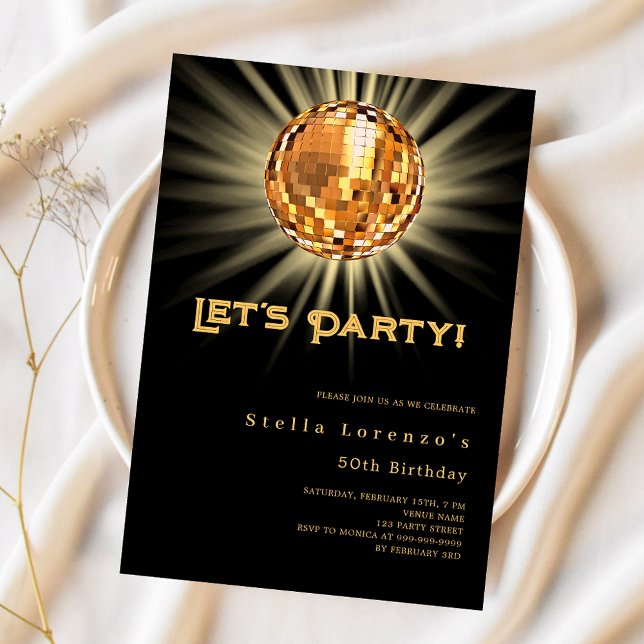 Disco party black gold birthday invitation (Creator Uploaded)