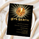 Disco party black gold birthday invitation<br><div class="desc">A 50th (or any age) party invitation. A black background deecorated with a golden disco ball. Text: Let's Party! Personalise and add a name and party details. The name is written with a hand lettered style script. 

1 sheet = 1 invitation printed edge to edge.</div>
