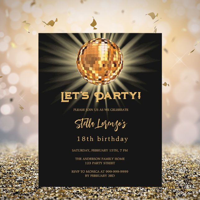 Disco party black gold budget birthday invitation (Creator Uploaded)