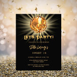 Disco party black gold Sweet 16 budget invitation<br><div class="desc">A Sweet 16 party invitation. A black background deecorated with a golden disco ball. Text: Let's Party! Personalise and add a name and party details. The name is written with a hand lettered style script.  

1 sheet = 1 invitation printed edge to edge.</div>