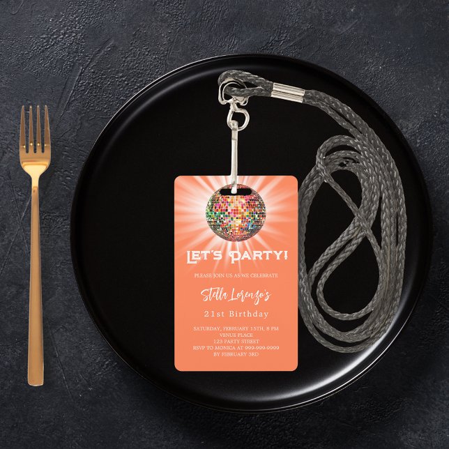 Disco party coral orange birthday invitation ID badge (Creator Uploaded)