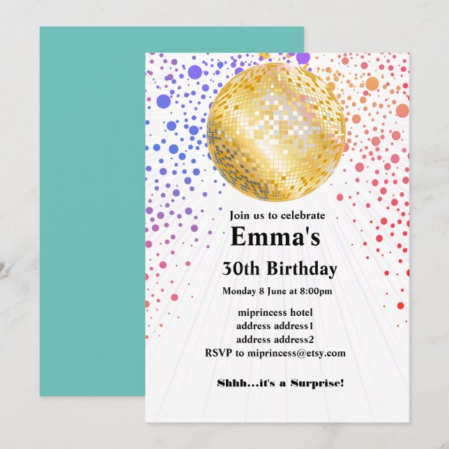 disco party dance party 70s gold disco ball invitation (Front/Back)
