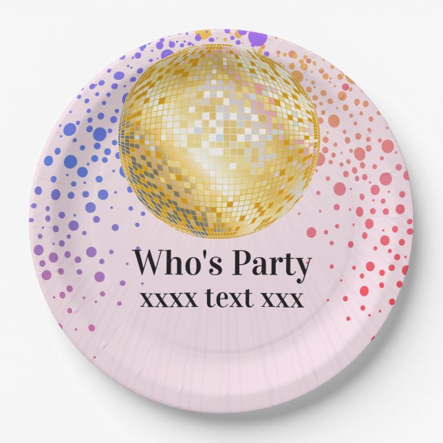 disco party dance party 70s gold disco ball paper plate (Front)
