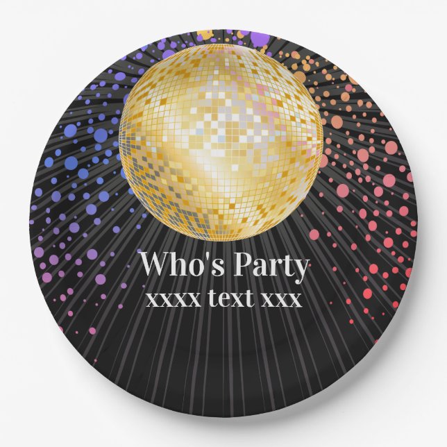 disco party dance party 70s gold disco ball paper plate (Front)
